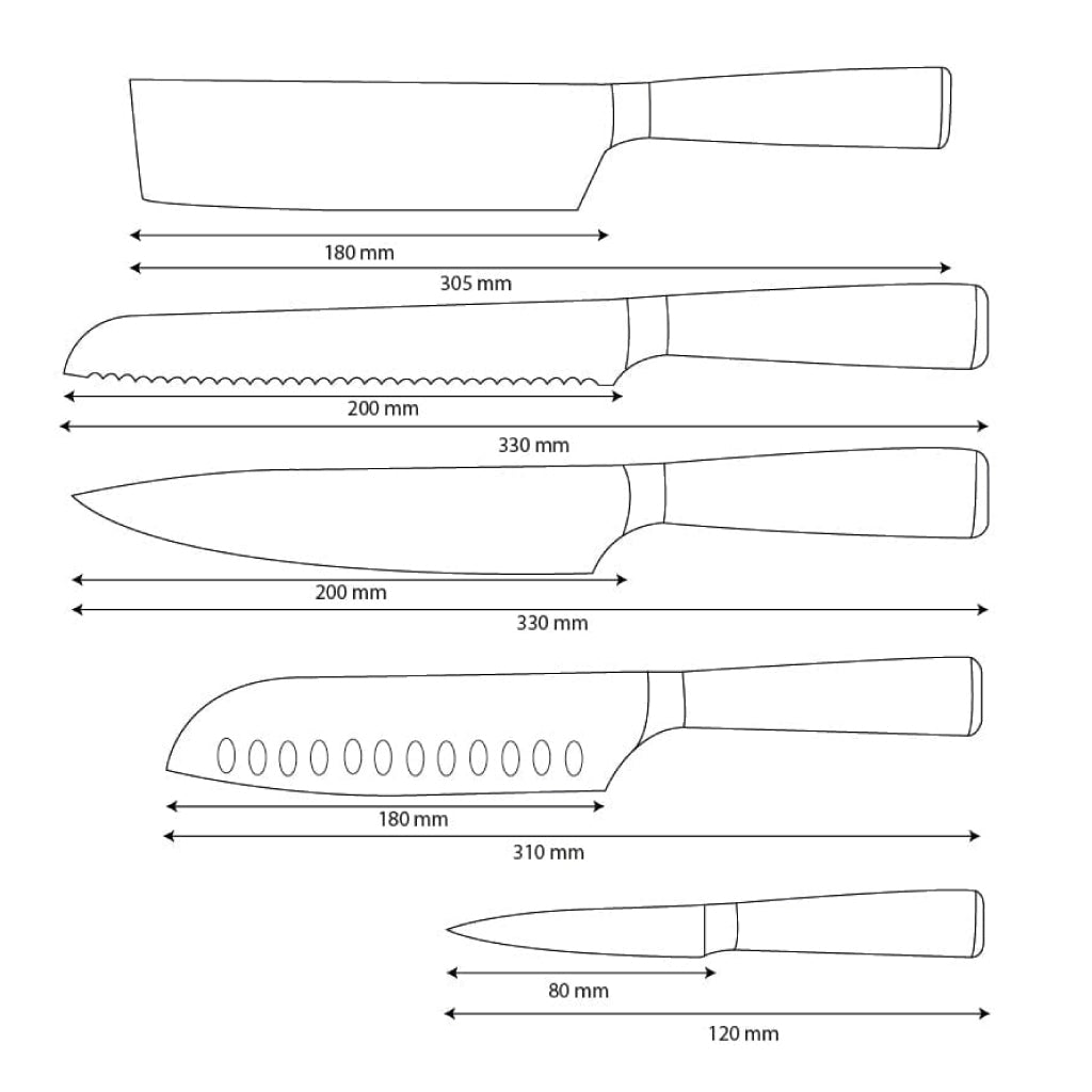 Shinrai Knives – 5-teiliges Messerset mit Damascus-Print und Epoxy-Onyx – Kochmesser + Brotmesser + Nakiri + Santoku + Schälmesser
