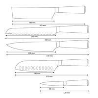 Shinrai Knives – 5-teiliges Messerset mit Damascus-Print und Epoxy-Onyx – Kochmesser + Brotmesser + Nakiri + Santoku + Schälmesser