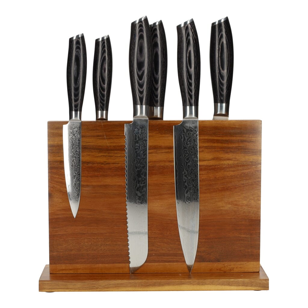 Damast Pakka Wood 6-delige Messenset + Magnetisch Messenblok Messenset met blok Shinrai Japan