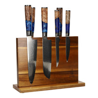 Epoxy Sapphire 6-delige Damascus Messenset + Magnetisch Messenblok Messenset met blok Shinrai Knives