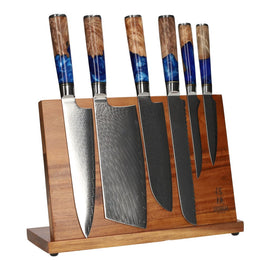 Shinrai Knives - Epoxy Sapphire 6-teiliges Damaszener Messerset + Akazienhalter 1 Epoxy Sapphire 6-delige Messenset + Magnetisch Messenblok Messenset met blok Shinrai Japan