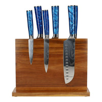 Epoxy Sapphire Damascus Print 6-delige Messenset + Acacia houder dubbelzijdig Messenset met blok Shinrai Japan