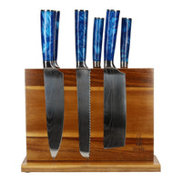 Epoxy Sapphire Damascus Print 6-delige Messenset + Acacia houder dubbelzijdig Messenset met blok Shinrai Knives