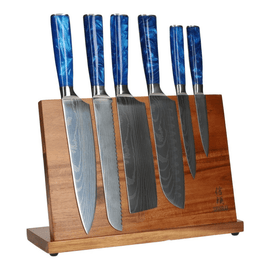Epoxy Saphir Damascus Print 6-teiliges Messerset + Akazienhalter, einseitig Epoxy Sapphire Damascus Print 6-Delige Messenset + Acacia houder enkelzijdig Messenset met blok Shinrai Knives