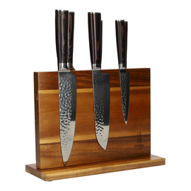 6-teiliges Messerset aus gehämmertem Edelstahl + Akazienhalter, doppelseitig Hammered RVS 6-delige Messenset + Acacia houder dubbelzijdig Messenset met blok Shinrai Japan