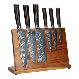 Shinrai Knives - 6-Teiliges Messerset + Akazienholzhalter - Serie Aus Gehämmertem Edelsthal Hammered RVS 6-delige Messenset + Acacia houder enkelzijdig Messenset met blok Shinrai Japan