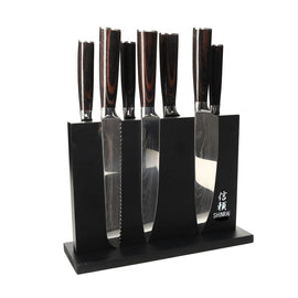 Shinrai Knives - 7-teiliges Messerset mit Damaskus-Print + doppelseitiger magnetischer Messerblock - Schwarz Shinrai Japan - Damascus Print 7-delige Messenset + Magnetisch Messenblok Dubbelzijdig - Zwart Messenset met blok Shinrai Japan
