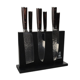 Shinrai Knives – 6-teiliges Messerset aus gehämmertem Edelstahl + doppelseitiger magnetischer Messerblock – Schwarz Shinrai Japan - Hammered RVS 6-delige Messenset + Magnetisch Messenblok Dubbelzijdig - Zwart Messenset met blok Shinrai Japan