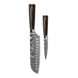 Shinrai Knives – 2-teiliges Messerset mit Damaszener-Print – Santoku + Schälmesser Shinrai Knives - Damascus Print 2-delige Messenset - Santoku + Schilmes Messenset Shinrai Knives