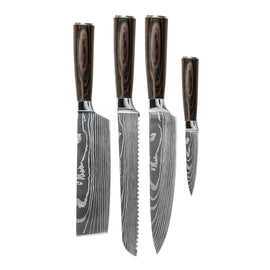 Shinrai Knives - Damascus Print 4-teiliges Messerset - Kochmesser + Brotmesser + Nakiri + Schälmesser Shinrai Knives - Damascus Print 4-delige Messenset - Koksmes + Broodmes + Nakiri + Schilmes Messenset Shinrai Knives
