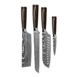 Shinrai Knives - 4-teiliges Messerset mit Damaszener-Print - Santoku + Brotmesser + Nakiri + Schälmesser Shinrai Knives - Damascus Print 4-delige Messenset - Santoku + Broodmes + Nakiri + Schilmes Messenset Shinrai Knives