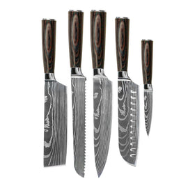 Shinrai Knives – 5-teiliges Messerset mit Damaskus-Druck – Kochmesser + Brotmesser + Nakiri + Santoku + Schälmesser Shinrai Knives - Damascus Print 5-delige Messenset - Koksmes + Broodmes + Nakiri + Santoku + Schilmes Messenset Shinrai Knives