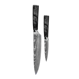 Shinrai Knives – 2-teiliges Messerset mit Damaszener-Print und Epoxid-Onyx – Kochmesser + Schälmesser Shinrai Knives - Damascus Print Epoxy Onyx 2-delige Messenset - Koksmes + Schilmes Messenset Shinrai Knives