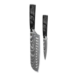 Shinrai Knives – 2-teiliges Messerset mit Damaszener-Print und Epoxid-Onyx – Santoku + Schälmesser Shinrai Knives - Damascus Print Epoxy Onyx 2-delige Messenset - Santoku + Schilmes Messenset Shinrai Knives