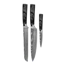 Shinrai Knives – 3-teiliges Messerset mit Damaszener-Print und Epoxid-Onyx – Kochmesser + Brotmesser + Schälmesser Shinrai Knives - Damascus Print Epoxy Onyx 3-delige Messenset - Koksmes + Broodmes + Schilmes Messenset Shinrai Knives