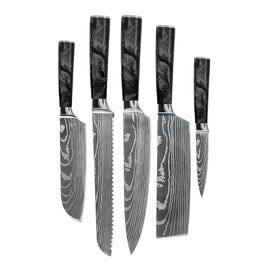 Shinrai Knives – 5-teiliges Messerset mit Damascus-Print und Epoxy-Onyx – Kochmesser + Brotmesser + Nakiri + kleines Santoku + Schälmesser Shinrai Knives - Damascus Print Epoxy Onyx 5-delige Messenset - Koksmes + Broodmes + Nakiri + Kleine Santoku + Schilmes Messenset Shinrai Knives