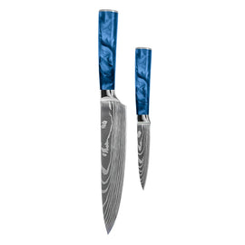 Shinrai Knives – Damascus Print Epoxy Saphir 2-teiliges Messerset – Kochmesser + Schälmesser Shinrai Knives - Damascus Print Epoxy Sapphire 2-delige Messenset - Koksmes + Schilmes Messenset Shinrai Knives