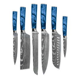 Shinrai Knives - Damascus Druck Epoxy Saphir - 6-teiliges Messerset Shinrai Knives - Damascus Print Epoxy Sapphire - 6-delige Messenset Messenset Shinrai Knives