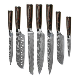 Shinrai Knives -  Damastdruck 7-teiliges Messerset Shinrai Knives - Damascus Print Mega Bundel - All you need Messenset met blok, snijplank en slijpsteen Shinrai Knives