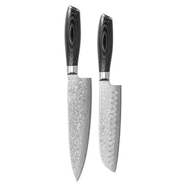 Shinrai Knives – 2-teiliges Messerset aus Damast-Pakkaholz – Kochmesser + Santokumesser Shinrai Knives - Damast Pakka Wood 2-delige Messenset - Koksmes + Santoku mes Messenset Shinrai Knives