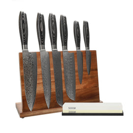 Shinrai Knives - Damast-Pakkaholz-Messerset 6-teilig + Messerblock + Schleifstein Shinrai Knives - Damast Pakka Wood 6-delige Messenset + Messenblok + Slijpsteen Messenset met blok en slijpsteen Shinrai Knives