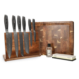 Shinrai-Messer – Mega-Paket aus Damast-Pakkaholz – alles, was Sie brauchen Shinrai Knives - Damast Pakka Wood Mega Bundel - All you need Messenset met blok, snijplank en slijpsteen Shinrai Knives
