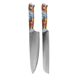 Shinrai Knives - Eclipse 2-teiliges Damastmesser-Set - Kochmesser + Brotmesser Shinrai Knives - Eclipse 2-delige Damascus Messenset - Koksmes + Broodmes Messenset Shinrai Knives
