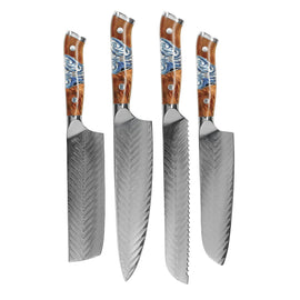 Shinrai Knives - Eclipse 4-teiliges Damastmesser-Set - Kochmesser + Nakiri + Santoku + Brotmesser Shinrai Knives - Eclipse 4-delige Damascus Messenset - Koksmes + Nakiri + Santoku + Broodmes Messenset Shinrai Knives