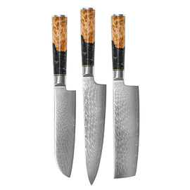 Shinrai Knives - Epoxy Onyx 3-teiliges Damastmesser-Set - Kochmesser + Nakiri + Santoku Shinrai Knives - Epoxy Onyx 3-delige Damascus Messenset - Koksmes + Nakiri + Santoku Messenset Shinrai Knives