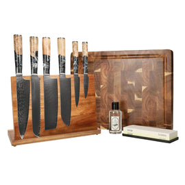 Shinrai Knives – Epoxy Onyx Mega Bundle – Alles was Sie brauchen Shinrai Knives - Epoxy Onyx Mega Bundel - All you need Messenset met blok, snijplank en slijpsteen Shinrai Knives