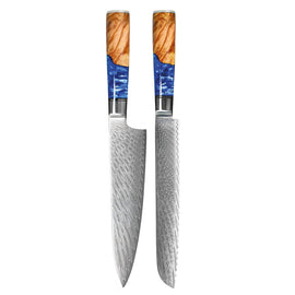 Shinrai Knives - Epoxy Saphir 2-teiliges Damastmesser-Set - Kochmesser + Brotmesser Shinrai Knives - Epoxy Sapphire 2-delige Damascus Messenset - Koksmes + Broodmes Messenset Shinrai Knives