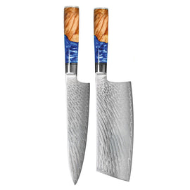 Shinrai Knives – Epoxy Saphir 2-teiliges Damastmesser-Set – Kochmesser + Nakiri Shinrai Knives - Epoxy Sapphire 2-delige Damascus Messenset - Koksmes + Nakiri Messenset Shinrai Knives