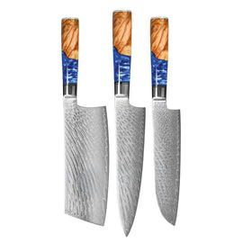 Shinrai Knives - Epoxy Saphir 3-teiliges Damastmesser-Set - Kochmesser + Nakiri + Santoku Shinrai Knives - Epoxy Sapphire 3-delige Damascus Messenset - Koksmes + Nakiri + Santoku Messenset Shinrai Knives