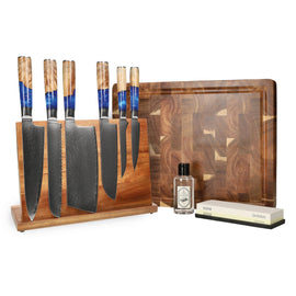 Shinrai Knives – Epoxy Sapphire Mega Bundle – Alles was Sie brauchen Shinrai Knives - Epoxy Sapphire Mega Bundel - All you need Messenset met blok, snijplank en slijpsteen Shinrai Knives