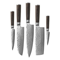 Couteaux Shinrai - Coffret de 5 couteaux en acier damassé martelé BR + Bloc de couteaux double face Cito avec bloc
