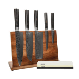 Shinrai Knives - Hammered Damask BR 5-teiliges Messerset + Messerblock + Schleifstein Shinrai Knives - Hammered Damast BR 5-delige Messenset + Messenblok + Slijpsteen Messenset met blok en slijpsteen Shinrai Knives