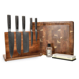 Shinrai Knives - Hammered Damask BR Mega Bundle - Alles was Sie brauchen Shinrai Knives - Hammered Damast BR Mega Bundel - All you need Messenset met blok, snijplank en slijpsteen Shinrai Knives