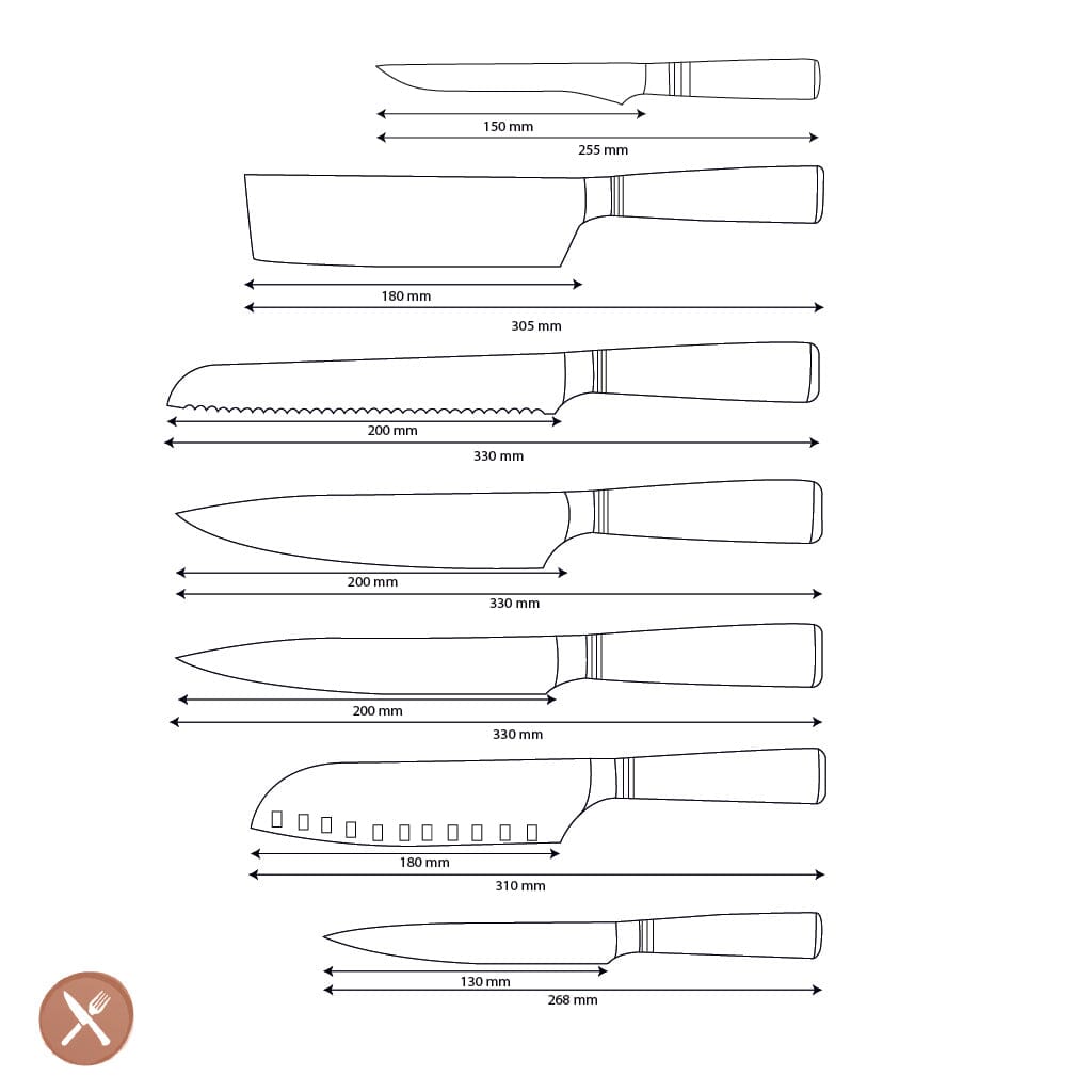 Couteaux Shinrai - Coffret de 7 couteaux damas Micarta Jewels + bloc magnétique ; Couteaux Scalae - Coffret de couteaux en bois d'acacia avec bloc ; Couteaux Shinrai