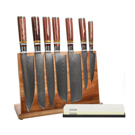 Shinrai Knives - Micarta Jewels 7-teiliges Messerset + Messerblock + Schleifstein Shinrai Knives - Micarta Jewels 7-delige Messenset + Messenblok + Slijpsteen Messenset met blok, snijplank en slijpsteen Shinrai Knives
