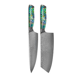 Shinrai Knives - Perlmutt-Juwelen 2-teiliges Damast-Messerset - Kochmesser + Nakiri Shinrai Knives - Parelmoer Jewels 2-delige Damascus Messenset - Koksmes + Nakiri Messenset Shinrai Knives