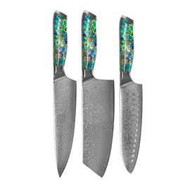 Shinrai Knives - Perlmutt-Juwelen 3-teiliges Damast-Messerset - Kochmesser + Nakiri + Santoku Shinrai Knives - Parelmoer Jewels 3-delige Damascus Messenset - Koksmes + Nakiri + Santoku Messenset Shinrai Knives