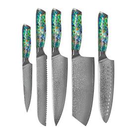 Shinrai Knives – 5-teiliges Damast-Messerset der Serie Mother of Pearl Jewels Shinrai Knives - Parelmoer Jewels 5-delige Messenset + Messenblok Stans Messenset met blok Shinrai Knives