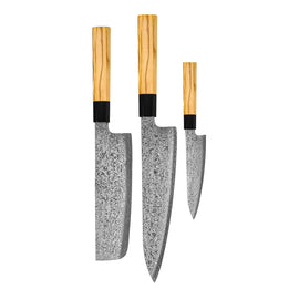 Shinrai Knives – Takumi Kaza 3-teiliges Damastmesser-Set – Kochmesser + Nakiri + Schälmesser Shinrai Knives - Takumi Kaza 3-delige Damascus Messenset - Koksmes + Nakiri + Schilmes Messenset Shinrai Knives