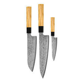 Shinrai Knives – Takumi Kaza 3-teiliges Damastmesser-Set – Kochmesser + Santoku + Schälmesser Shinrai Knives - Takumi Kaza 3-delige Damascus Messenset - Koksmes + Santoku + Schilmes Messenset Shinrai Knives
