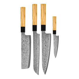Shinrai Knives – Takumi Kaza 4-teiliges Damastmesser-Set – Kochmesser + Brotmesser + Nakiri + Schälmesser Shinrai Knives - Takumi Kaza 4-delige Damascus Messenset - Koksmes + Broodmes + Nakiri + Schilmes Messenset Shinrai Knives