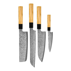 Shinrai Knives – Takumi Kaza 4-teiliges Damastmesser-Set – Santoku + Brotmesser + Nakiri + Schälmesser Shinrai Knives - Takumi Kaza 4-delige Damascus Messenset - Santoku + Broodmes + Nakiri + Schilmes Messenset Shinrai Knives