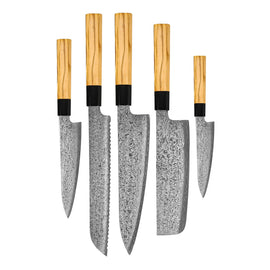 Shinrai Knives – Takumi Kaza 5-teiliges Damastmesser-Set – Kochmesser + Brotmesser + Nakiri + Schälmesser + Schälmesser Shinrai Knives - Takumi Kaza 5-delige Damascus Messenset - Koksmes + Broodmes + Nakiri + Officemes + Schilmes Messenset Shinrai Knives