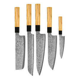 Shinrai Knives – Takumi Kaza 5-teiliges Damastmesser-Set – Kochmesser + Brotmesser + Nakiri + Santoku + Schälmesser Shinrai Knives - Takumi Kaza 5-delige Damascus Messenset - Koksmes + Broodmes + Nakiri + Santoku + Schilmes Messenset Shinrai Knives
