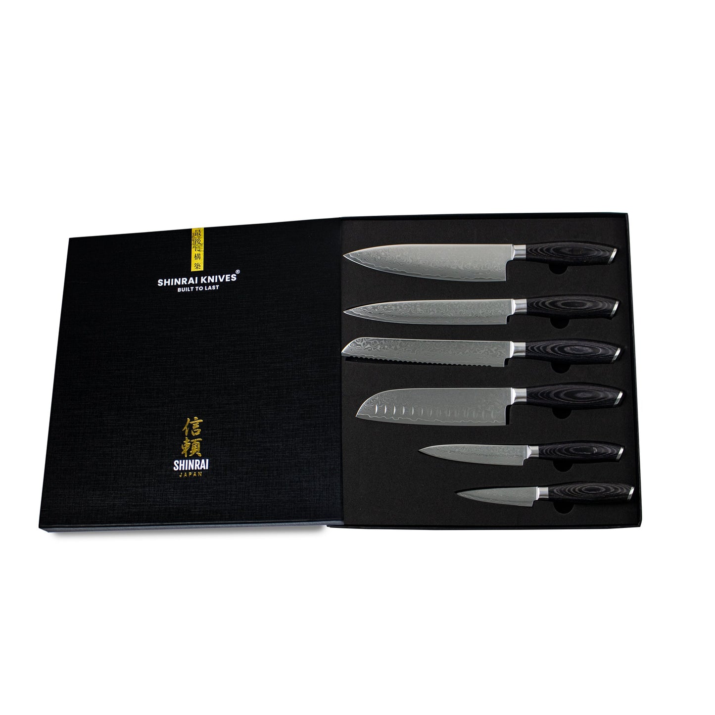 Damast Pakka Wood 6-delige Damascus Messenset Messensets Shinrai Japan