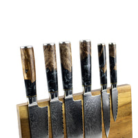 Epoxy Onyx 6-delige Damascus Messenset + Acaciahouder Enkelzijdig Shinrai Japan